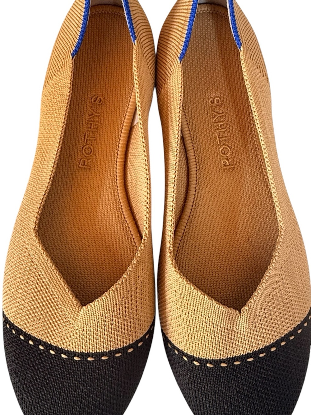 Rothy's Tan and Black Pointed Knit Ballet Flats with Blue Trim